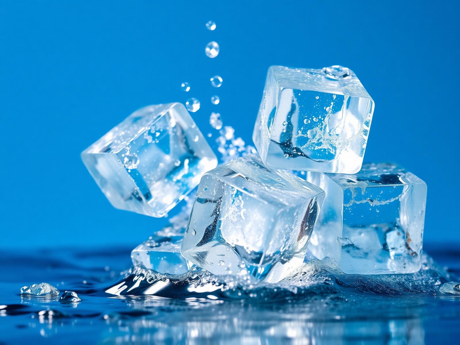 Crystal clear ice cubes splashing in water